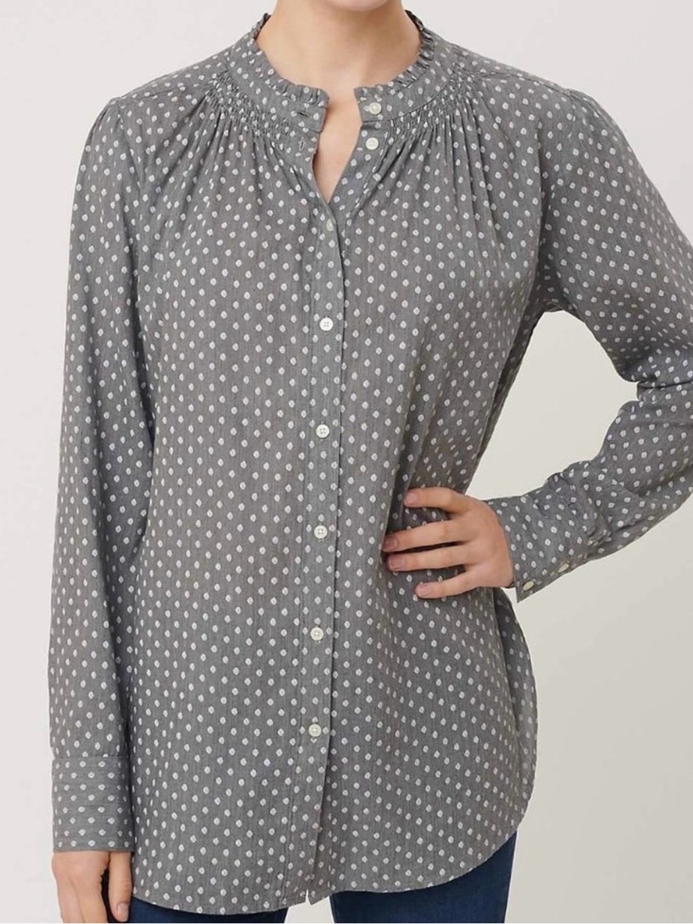 Loft XXL long sleeve gray polka dotted button front shirt